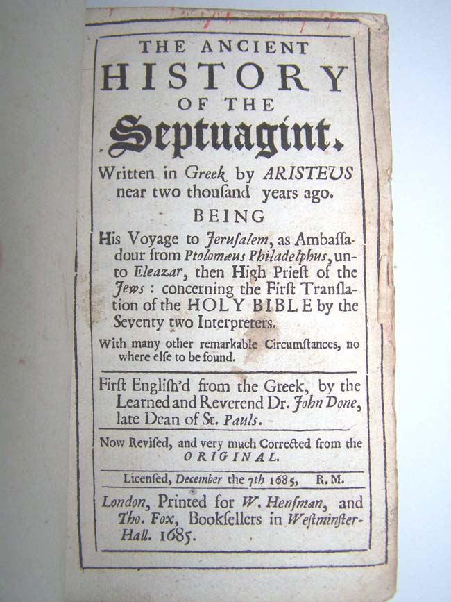 An original full leather bound copy of 'The Ancient History of the Septuagint" printed in London in 1685 for sale at Westminster Hall.